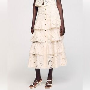 Sandro Orlivia Tiered Floral Embroidered Skirt - Ecru